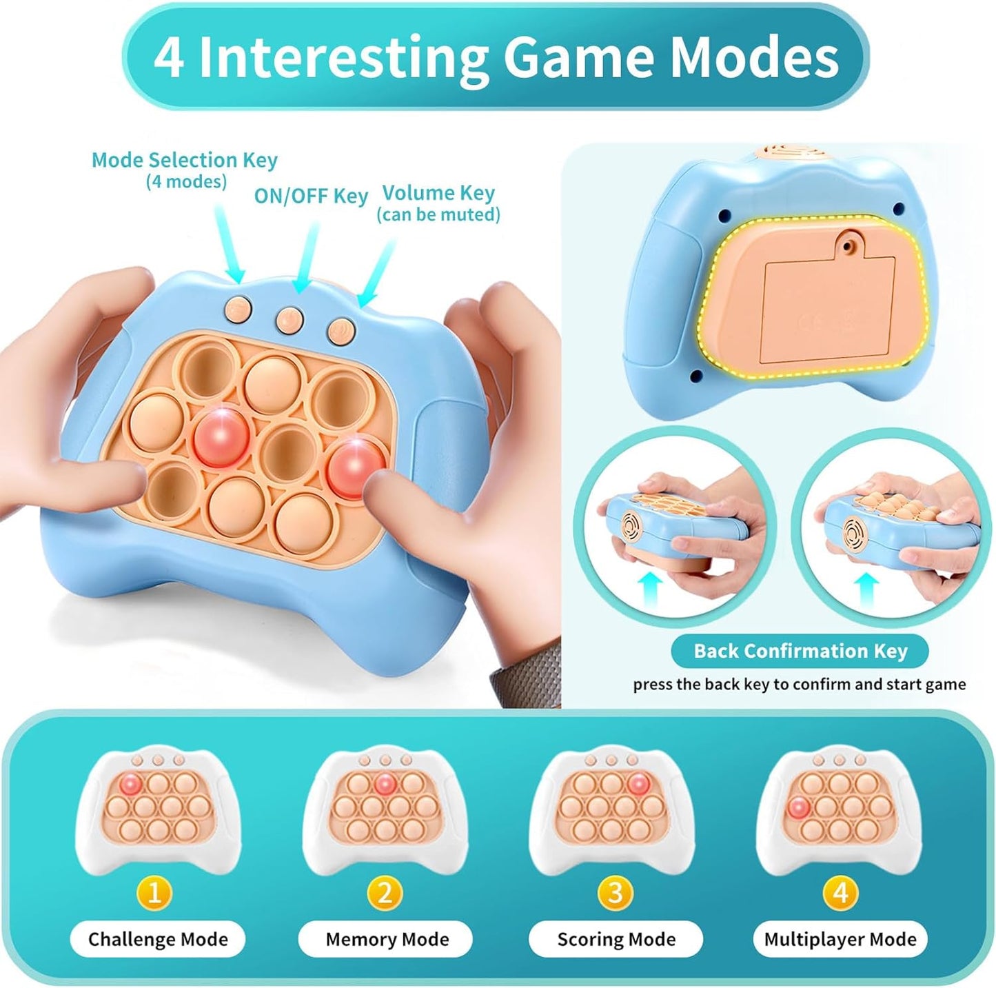 Pop Quick Push Game Console Light Up Sensory Fidget Toys Handheld Puzzle Popping Press Toy for Kids Adult Light Blue