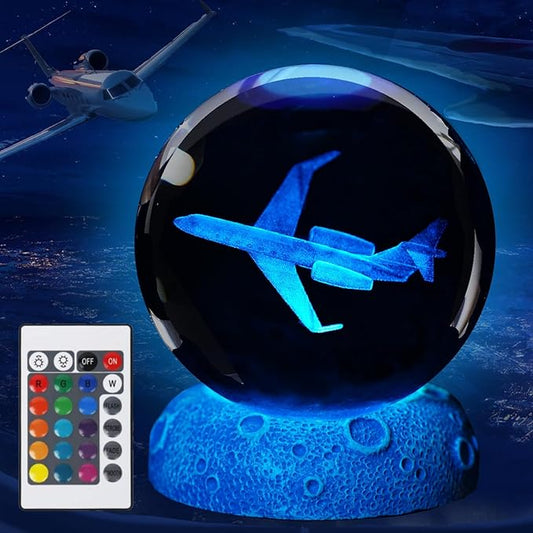 Planes Night Light, Aviation Gifts, 3D Crystal Ball 3.15 Inch (80mm) Airplane Night Light with Remote, Pilot Lamps with 16 Color for Birthday Xmas Cool Figurines Gifts for Room Decor Boys Girls