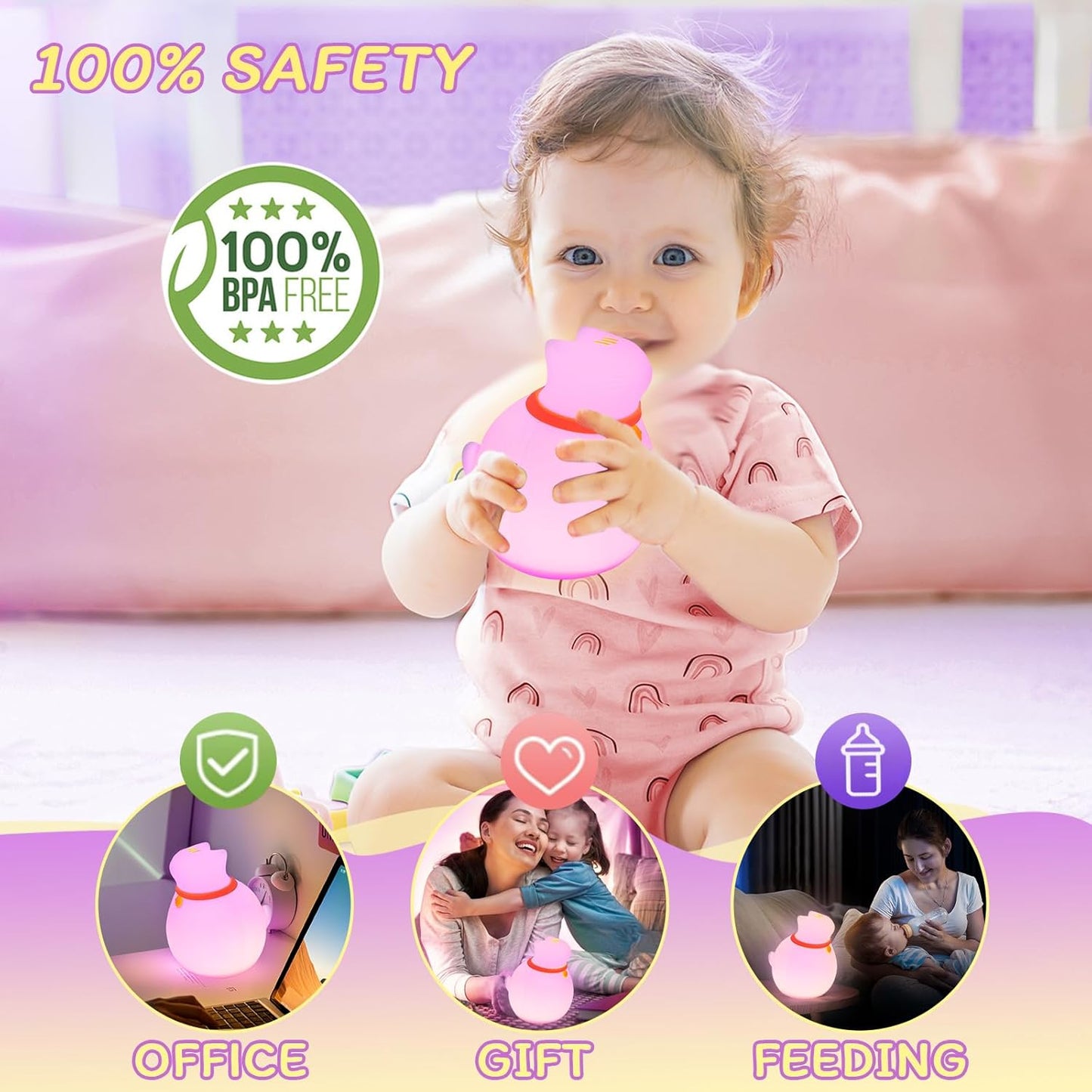 7-Color Changing Cat Night Light, Silicone Rechargeable Nursery Light with Timer & 3 Modes, Kids Bedroom Lamp Touch Sensor (Cute Animal Design)