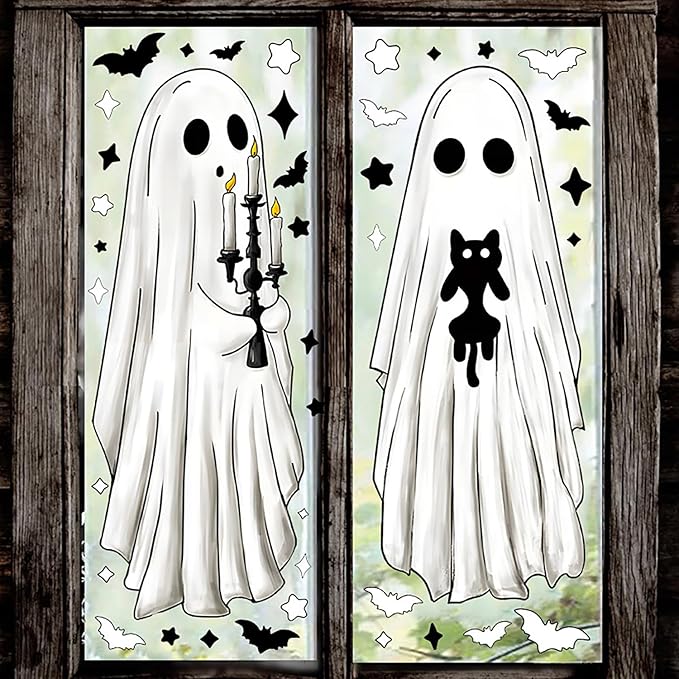 3 Sheets Extra Halloween Ghost Window Clings Cute Extra Large White Ghost for Glass Window Decorations Halloween Bat Cat Pumpkin Window Stickers Decals for Home Office Party Decor