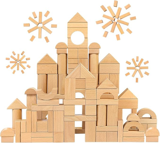 100pcs Natural Beech Wooden Building Blocks for Toddlers 1-3, Wooden Blocks for Baby Shower with Storage Bucket, Montessori Toys for Preschool Girls and Boys
