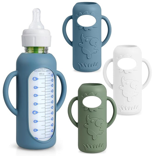 3-Pack Silicone Bottle Sleeve with Handles for Dr. Brown’s 8oz Narrow Glass Baby Bottles – BPA-Free, Heat-Resistant, Anti-Slip Grip, Easy to Clean, Multiple Colors (8oz,Dark Green + dark blue + white)