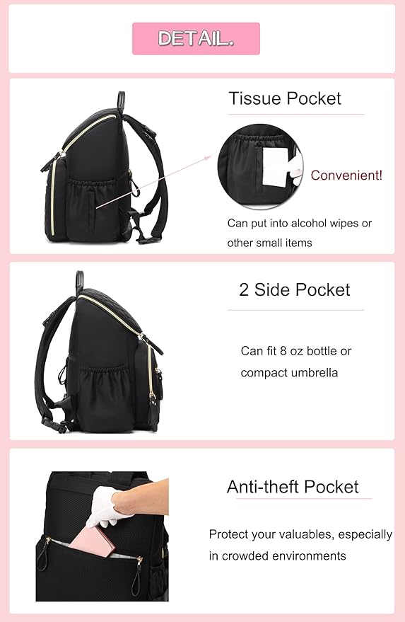 Large Capacity Diaper Bag Backpack with Stroller Buckle, Water-Resistant Travel Baby Bag with Insulated Pockets (Classic, Pink)