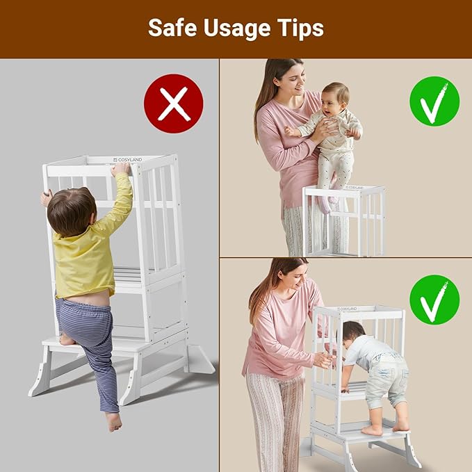 COSYLAND Height Adjustable Kitchen Stool for Toddlers – Portable Toddler Standing Tower for Learning and Cooking – Stable Kids Helper Tower with Stability Block for Kitchen Counter (White)