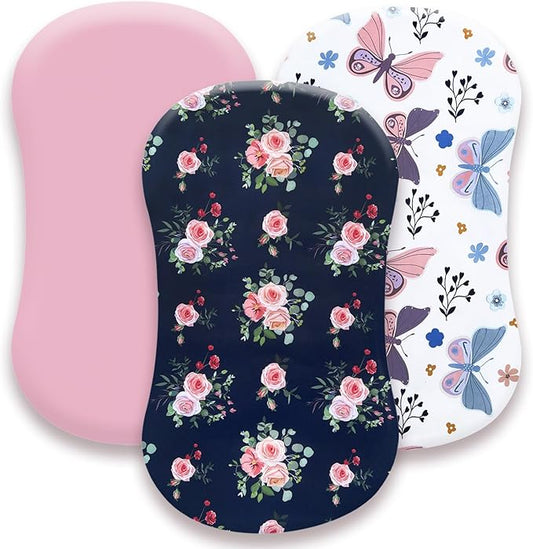 AMROSE 3 Pack Heavenly Soft Bassinet Sheets for Baby Girls, Universal Fitted for Various Cradle and Bassinet Mattress Pad, Silk Touch Gentle Breathable Microfiber, Floral & Butterfly