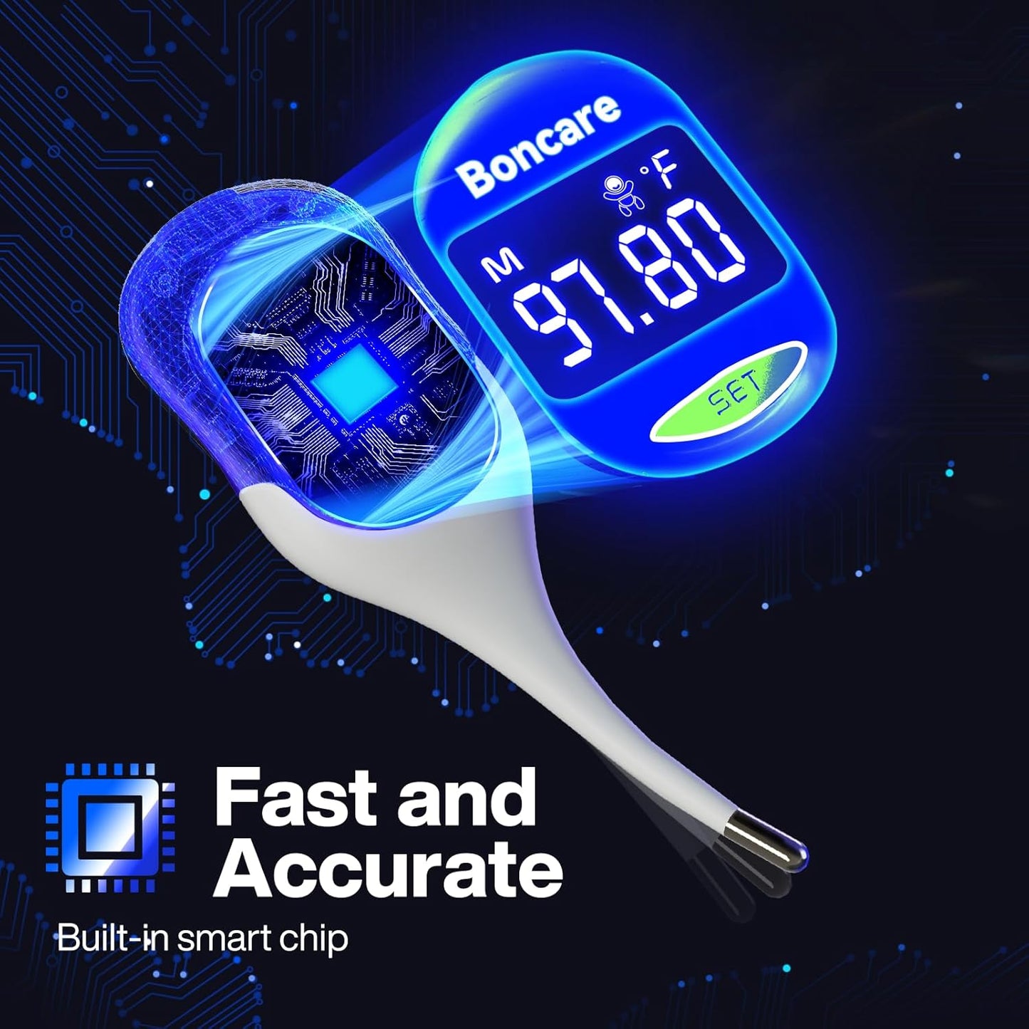 Boncare 9 Seconds Digital Basal Thermometer - Accurate Oral & Rectal Thermometer for Adults & Kids, Fever Alarm, Large Display (Blue)