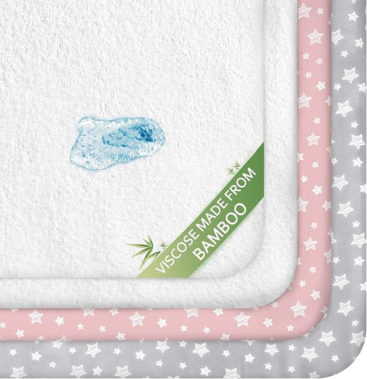 Crib Sheets & Waterproof Crib Mattress Protector for Boys 4 Pack Set, Viscose, Waterproof Crib Sheets Mattress Pad Cover, Grey & Pink