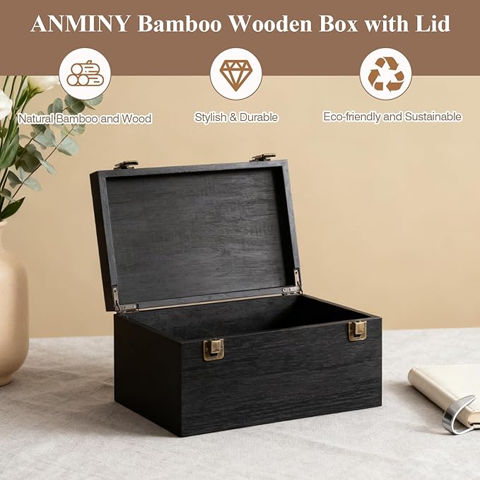 ANMINY Wooden Keepsake Memory Box with Lid Bamboo Wood Storage Box with Hinged Lid & PU Leather Handles Large Decorative Wooden Chest Box for Crafts Stash Gifts - Black, 11.8" L x 7.8" W x 5.9" H