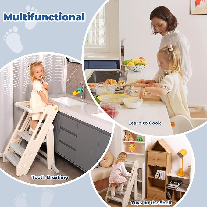 Onasti Toddler Tower Kitchen Stool Helper, Foldable & Adjustable Height Kids Learning Stool for Kitchen Counter Bathroom Sink, Child Ladder for Toddlers with Handles, Safty Rail, Non-Slip Pads-Grey