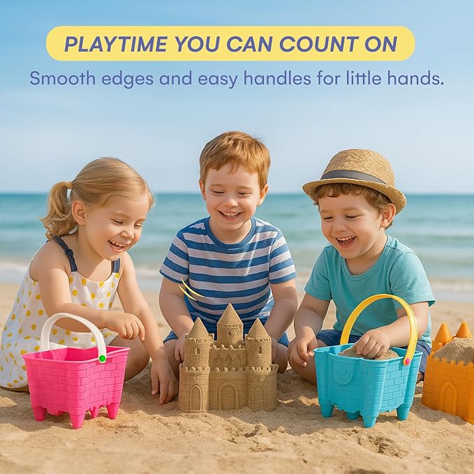 Sand Castle Building Kit, Beach Toys, Beach Bucket, Set of 4 Sand Castle Molds for Kids, Gift Toy for Ages 1 2 3 4 5 6 7 8 9, Older Kids and Toddlers, Sandcastle Building Kit Pail for Kids