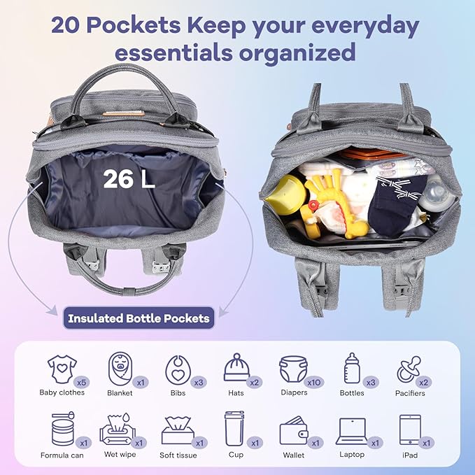 RUVALINO Diaper Bag Backpack, Multifunction Travel Pack Maternity Baby Changing Bags, Large Capacity, Waterproof, Gray