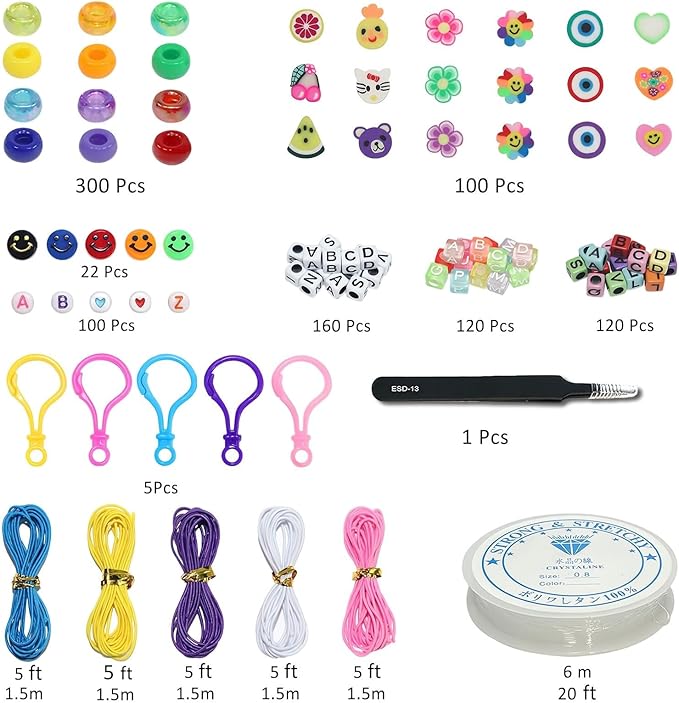 LIS HEGENSA 1000 Pcs DIY Childrens Crafts Beads Friendship Bracelet Kit, with Pony Beads Letter Beads and Bracelet Making Kit, Colorful Charms, Used for Custom Necklace Bracelets and Jewelry Decor