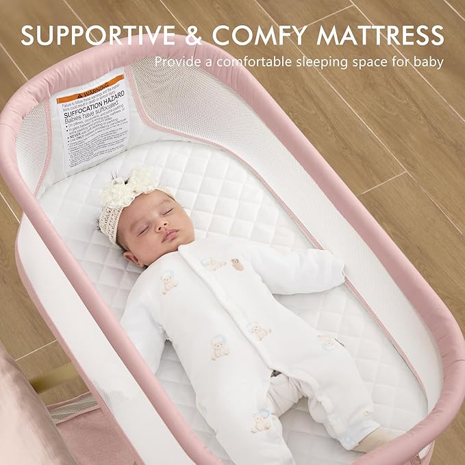 ANGELBLISS 3 in 1 Baby Bassinet, Rocking Bassinets Bedside Sleeper with Calming Motion, Portable Nest for Newborn Infant, Breathable Mesh (Pink)
