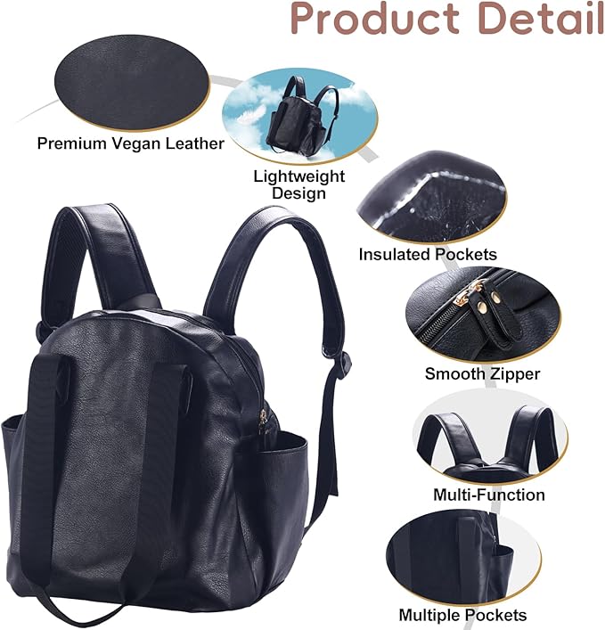 Stylish Diaper Bag Backpack, Leather Large Capacity Travel Baby Diaper Bag Tote for Mom Dad, Handbag shoulder bag, Waterproof, Lightweight Black