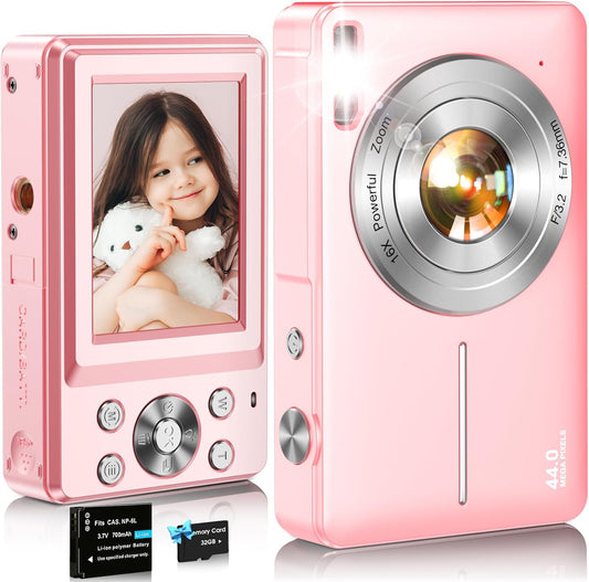 Digital Camera,FHD 1080P Kids Camera 44MP Point and Shoot Digital Cameras with 32GB Card,16X Zoom,Anti-Shake,Date Stamp,Compact Small Cameras Photography for Kids Student Teen Girl Boy(Pink)