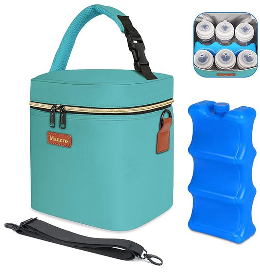 Breastmilk Cooler Bag with Ice Pack, Mancro Insulated Baby Bottle Tote Bag Fits up to 6 Bottles of up to 9 Ounces, Baby Bottle Bag for Nursing Mothers, Green