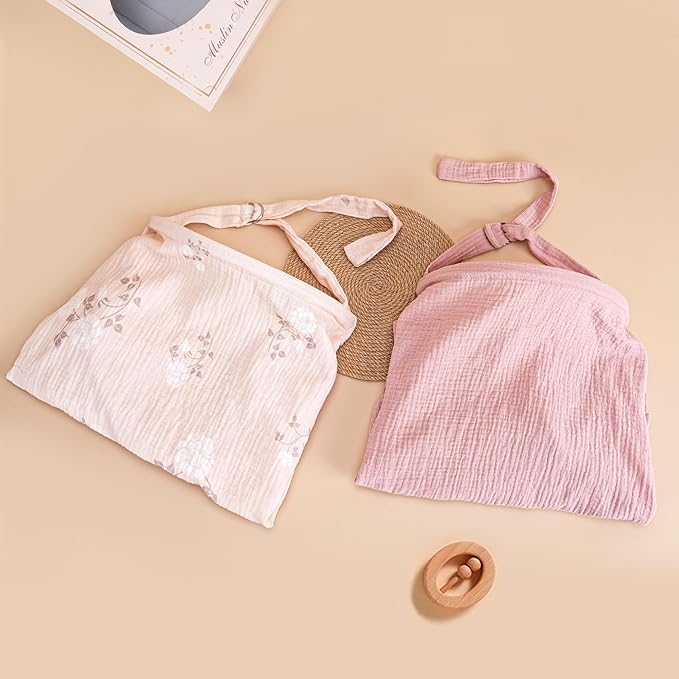 2 Pack Muslin Cotton Nursing Cover for Breastfeeding, Privacy Breathable Breastfeeding Cover Cover up with Arch Neckline for Mom, 100% Cotton Nursing Apron, Floral and Pink