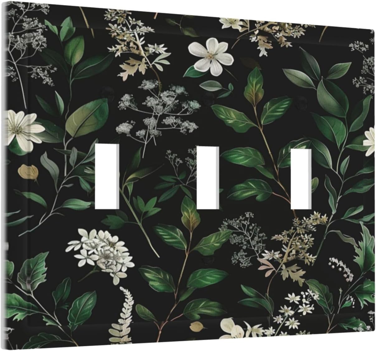 Decorative Switch Covers Plate Rustic Green Leaves White Flower 3 Gang Artistic Wall Plate Unique Triple Toggle Light Switch Plate Jumbo Faceplate for Country Bedroom Home Decor