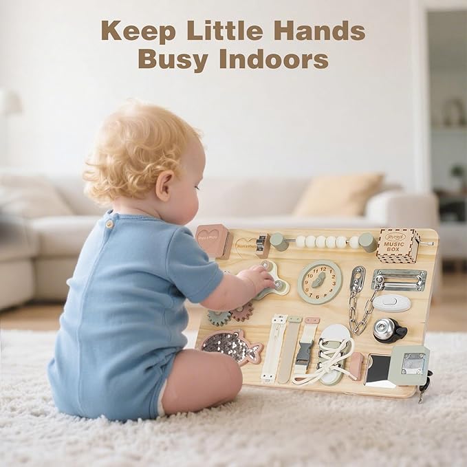 Joyreal Montessori Large Busy Board with Stand, Montessori Sensory Toys for Fine Motor Skills, Wooden Fidget Activity Board for Toddlers, Gifts for Boys Girls (Large Neutral)