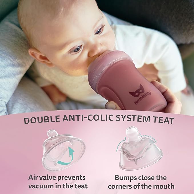 Herobility Glass Baby Bottle - 11 fl oz/320 ml - 3 Pack | Heat Sensing Color-Changing Bottle with Double Anti-Colic Nipple - Silicone Coating - Breastlike Nipples for Newborn Babies - Rose Color