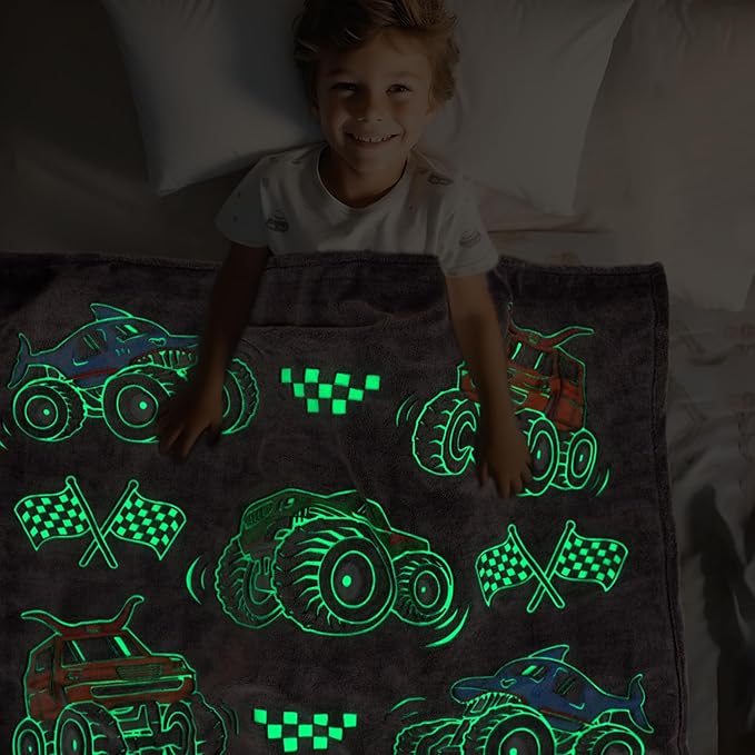 Kids Boys Truck Toys Car Blanket Gifts - Glow in The Dark Fleece Throw Blanket for Couch Bed Sofa Room Decor Birthday Christmas Easter 50" x 60"