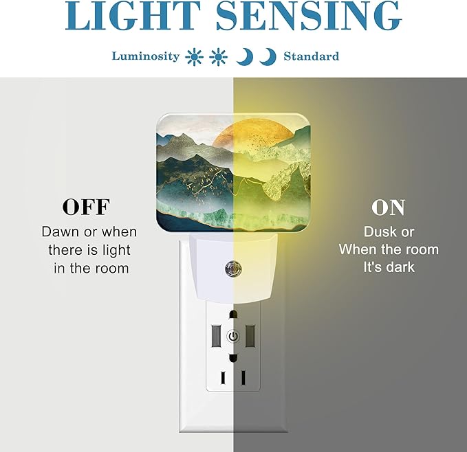 Green Mountains Plug in Night Lights, Golden Sunset Nightlight Plug Into Wall Dusk to Dawn Sensor for Kid Girls Boys Women Men Bedroom, Hallway, Kitchen, Bathroom, Stairs Decor