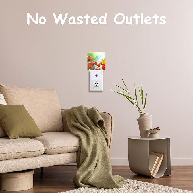 Night Light,Sunlight on Red Yellow Tulips Plug-in Night Light Auto Dusk-to-Dawn Sensor Energy Efficient LED Lamp for Room Decor,Hallway,Kitchen,Bathroom,Nursery,Stairs