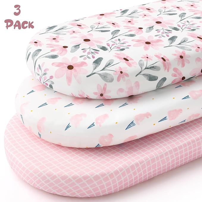 Yoofoss Bassinet Sheets for Baby,3-Pack Fitted Bassinet Sheets Set Compatible with Halo Bassinest Swivel Sleeper,Baby Delight,Angelbliss,Soft Breathable Bassinet Mattress Sheets (Pink+Floral)