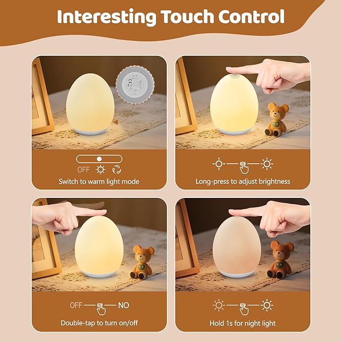 MediAcous Night Light for Kids, Baby Egg Light for Nursery, 7 Colors Changing & Stepless Dimming, Soft Silicone Touch Night Lamp with 1 Hour Timer, Rechargeable Nursery Night for Breastfeeding