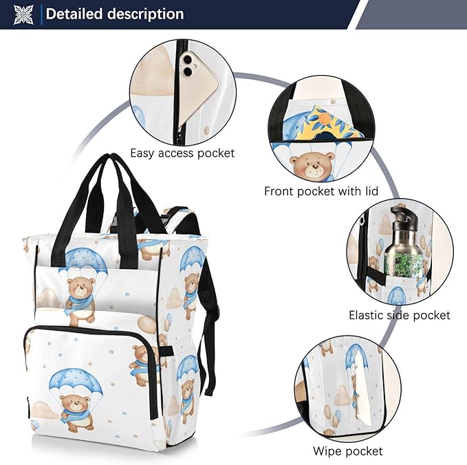 Cozy Bear Motif Diaper Bag Backpack, Unisex Travel Baby Backpack Diaper Bags with Stroller Straps & Pacifier Case, Large Capacity Waterproof Diaper Backpack