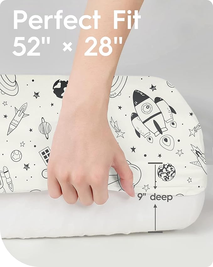 Crib Sheet for Boy Girl, Premium Soft Jersey Knit Fitted Crib Sheet, Safe and Snug, Durable, Stylish Crib Sheet, 28''x52''x9'' Extra Deep Pocket, Night Space