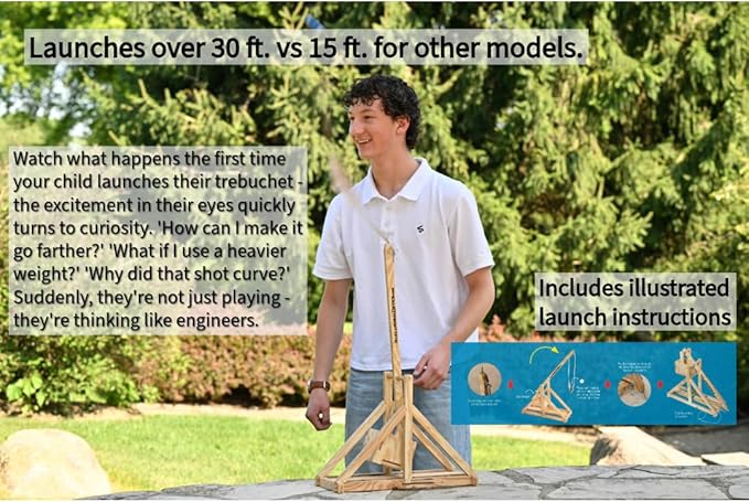 Wood Trebuchet kit for 12 and up, Fully Adjustable, launches 30+ ft. Made in America, Updated Design for 2025