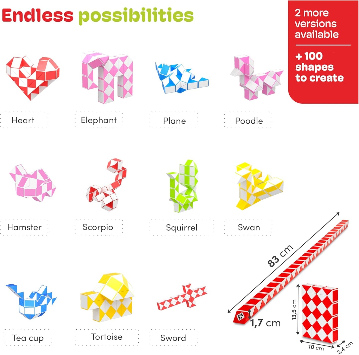 CUBIDI® Magic Snake Cube | Fidget Snake Toy for Kids | Travel Toys for Kids Ages 4-8 | Great Gift for Boys and Girls Birthday, Christmas, Stocking Stuffers - 48 Blocks | 0.9 inch x 0.7 inch | Red