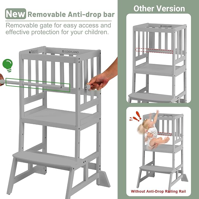 COSYLAND Toddler Standing Tower - Adjustable Height Toddler Kitchen Stool Helper - Kids Kitchen Step Stool for Learning with Removable Safety Railing Grey