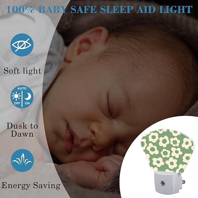 Vintage Green Flowers Night Light, Groovy Flowers Nightlight Plug into Wall with Dusk to Dawn Sensor for Kid Girls Boys Women Men Bedroom, Hallway, Kitchen, Bathroom, Stairs Decor