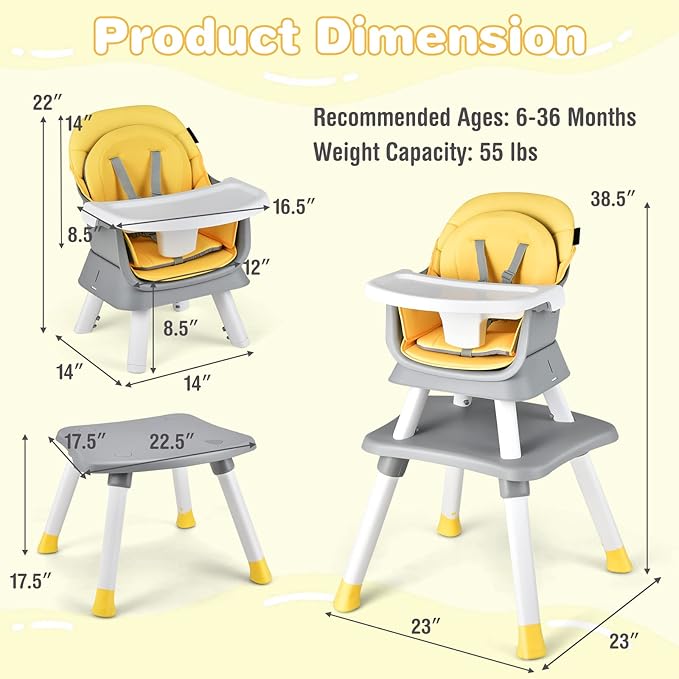 KOTEK Baby High Chair, 8 in 1 Convertible Highchairs for Babies and Toddlers, Building Block Table, Booster Seat, Toddler Chair with Removable Tray, Safety Harness, Dual Cushions (Yellow)