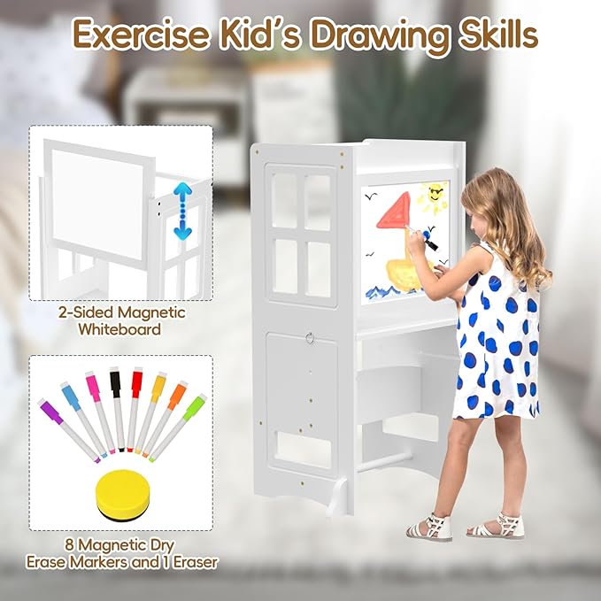 4 in 1 Toddler Kitchen Stool Helper Tower, Adjustable-Height Toddler Step Stool with Double-Sided Whiteboard, Anti-Slip Protection, Kids Learning Standing Tower for Kitchen Counter Bathroom Sink