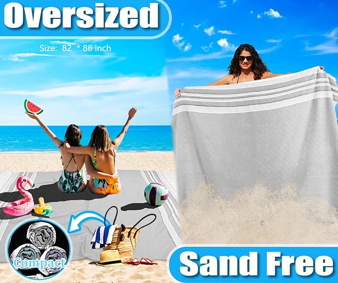 Oversized Turkish Beach Towel Blanket Cotton Giant XL Sandproof Towels Huge Linen XXL Extra Large Big Throw Quilt Blankets for Adults Cloud Travel Camping Glamping Accessories Essentials