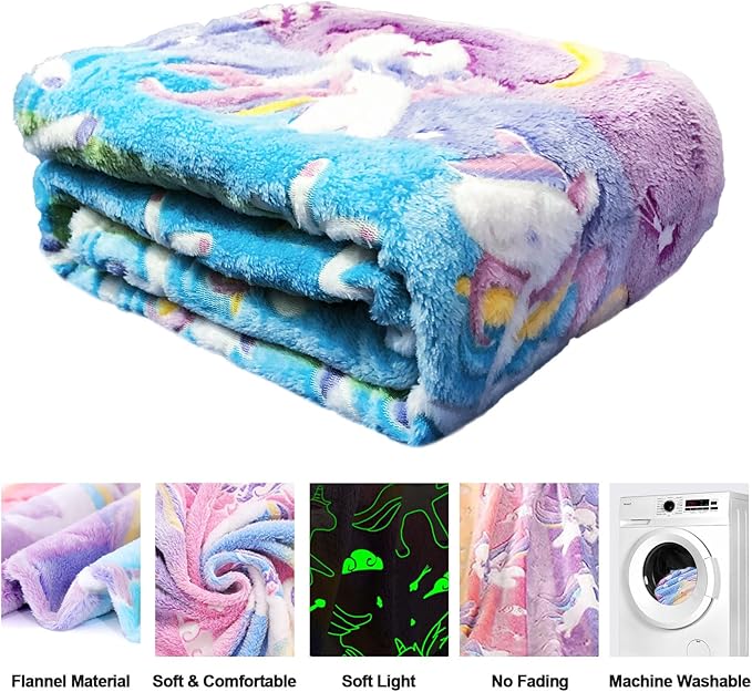 Unicorn Glow in The Dark Blanket for Girls/Kids, Soft Fleece Throw 30"x40" - Age 3-12