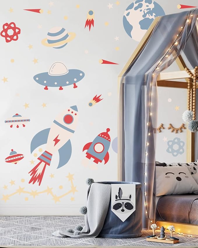 Space Peel and Stick Decals Rocket Planets Stars Wall Sticker Removable Vinyl Decals for Nursery Kids Room Girls Boys Bedroom Playroom Wall Decor