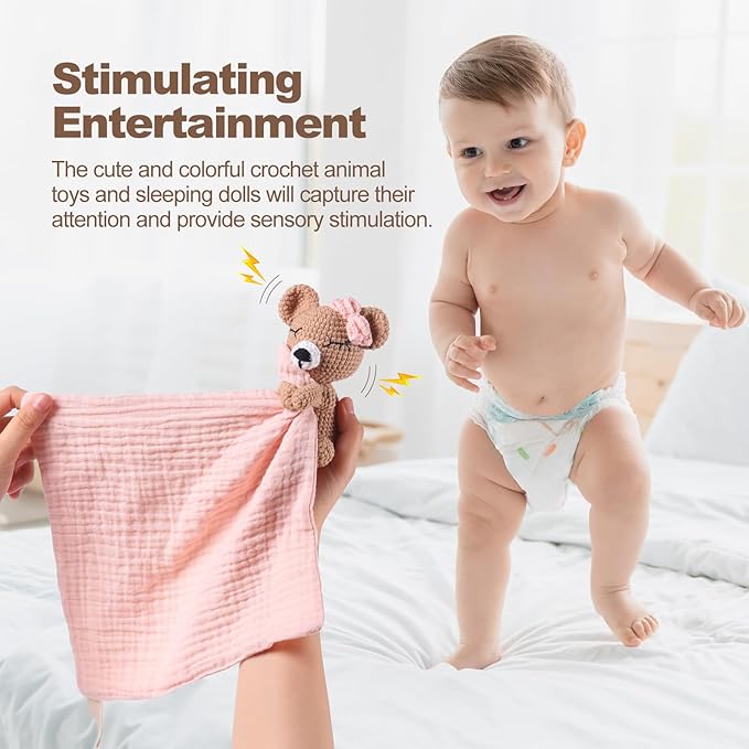 Baby Doll Blankets & Plush Teddy Bear Rattle - Perfect Newborn Girl Essential, Crochet Baby Rattles, Security Blanket, and Sleeping Toys for Babies