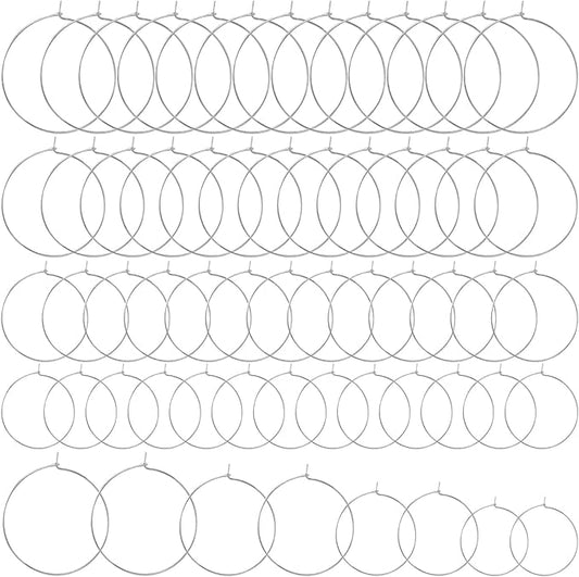 Pndeyo 60pcs Hypoallergenic Earring Beading Hoops, Mix Sizes Round Hoop Earrings Findings, Open Earring Wire Ring Accessories for Jewelry Making- Silver