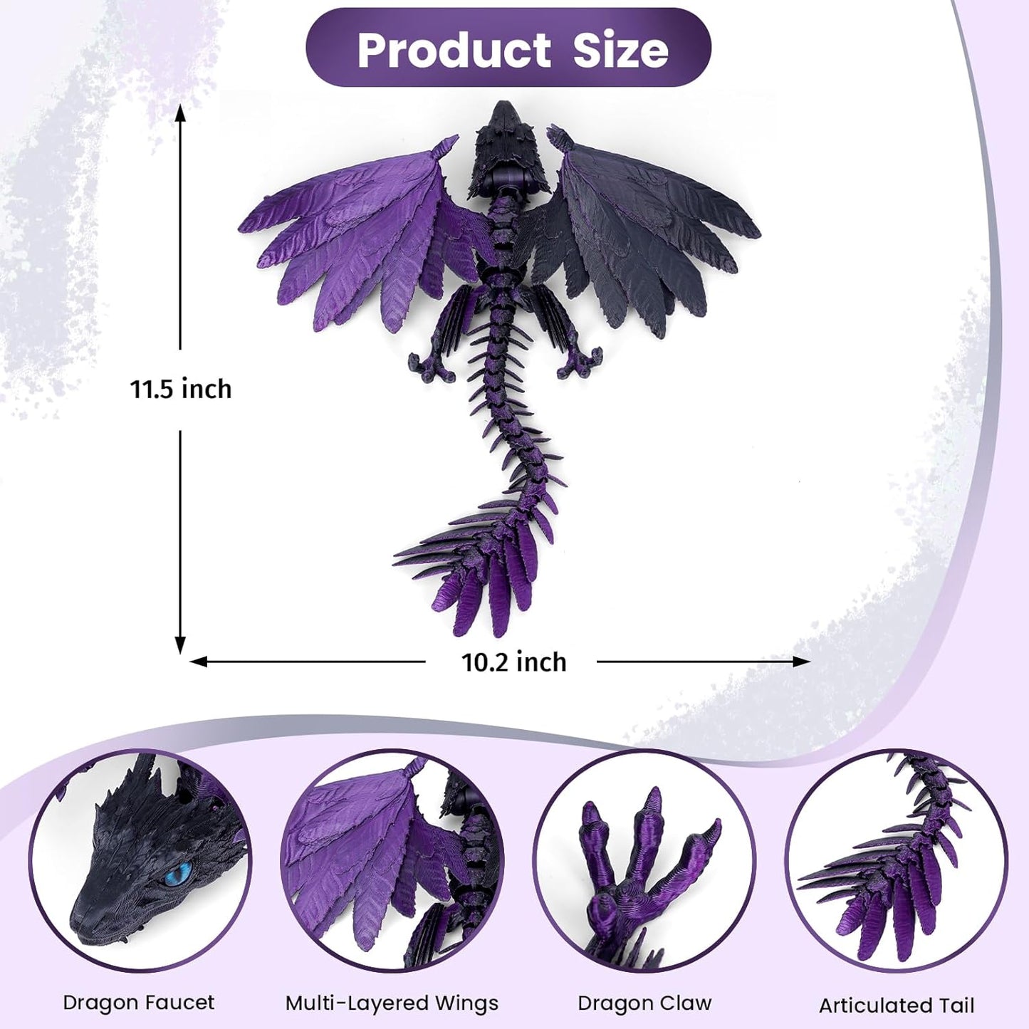 3D Printed Dragon with Wings, Feathered Wyvern Dragon,Full Articulated Crystal Dragon Fidget,Realistic Large Pet Dragon, Flexible Shoulder Dragon Stuff, 3D Printed Animals Toy.