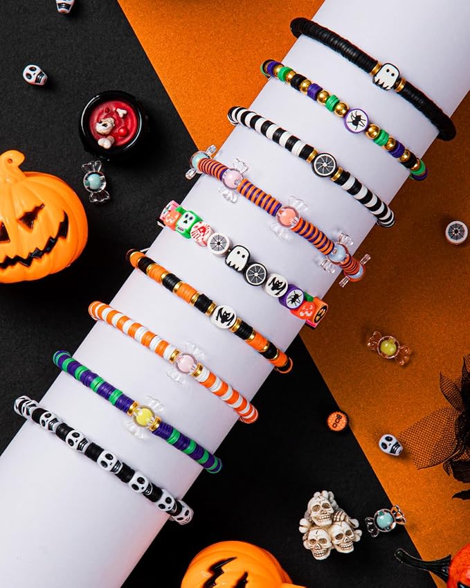 Taybonds Halloween Clay Beads Friendship Bracelet Making Kit for Kids, Jewelry Making Kit with Polymer Clay Charms and Skull for Bracelets, Gifts for Age6+