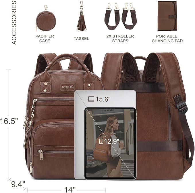Premium Vegan Leather Diaper Bag Backpack with Waterproof Changing Pad, Reinforced Zippers & Odor-Free,20 Pockets Pro Organizer, Fits 15.6" Laptop, Stroller Straps, Baby Bag for Mom,Dark Brown