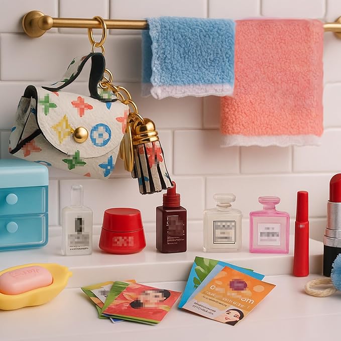 87Pcs Dollhouse Miniature Bathroom Accessories Cosmetic & Toilet Pretend Play Mini Makeup Set with Shampoo Perfume Hair Dryer Comb Purse Decor DIY Doll Backpack Glasses Photo Frame Salon Spa