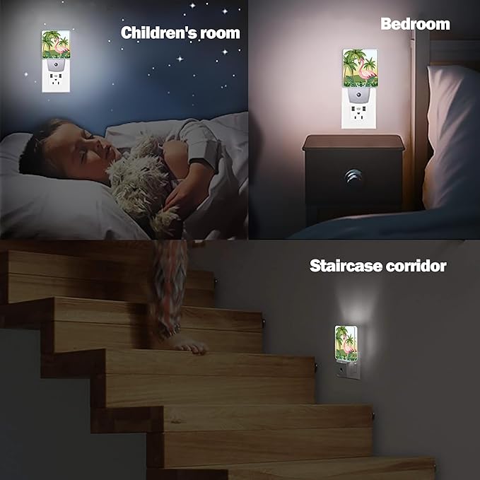 Tropical Flamingo Cartoon Night Light, Dusk to Dawn Smart Sensor Nightlight for Bedroom Bathroom Kitchen Hallway Stairs Hallway, Plug-in, Energy Efficient Decor Desk Lamp Gifts