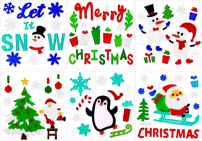 XIMISHOP 6pcs Christmas Gel Window Clings - Xmas Santa Claus Snowman Snowflake Penguin Window Decors