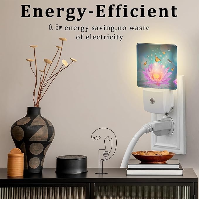 Purple Lotus Flowers Butterflies Night Light for Kids,Glowing Lotus Butterfly Night Light Plug in with Dusk to Dawn Sensor,0.5w Energy Saving Nightlight for Hallway Stairway Kitchen Bedroom