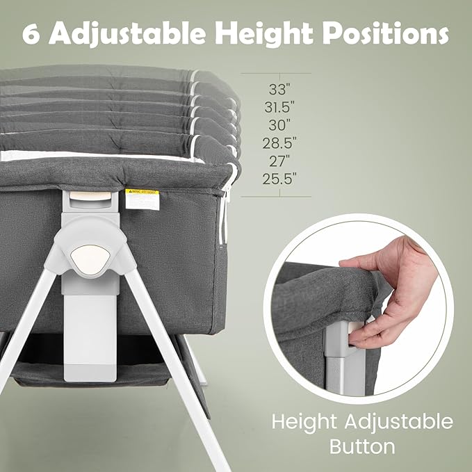 INFANS Baby Bassinet Bedside Crib, Newborn Sleeper w/Large Storage Basket, Adjustable Heights, Detachable &Washable Mattress, Breathable Mesh, Straps, Easy Moving Bed Side (Misty Grey)